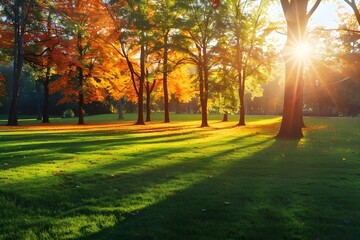 A serene autumn park with colorful trees bathed in sunlight, casting long shadows on the lush green grass.