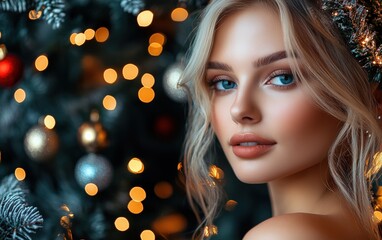 a close-up portrait of beautiful woman on black christmas background 