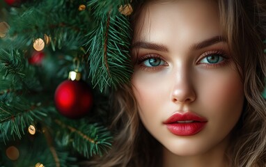 a close-up portrait of beautiful woman on green christmas background 