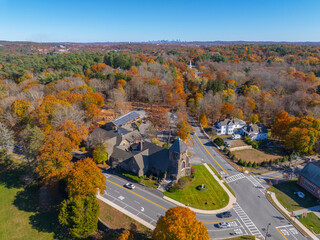 First Parish Church aerial view in fall with foliage at 349 Boston Post Road in historic town center of Weston, Massachusetts MA, USA. 