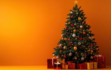 beautiful cozy christmas tree with gifts and decorated garland with lights and ornaments on orange c