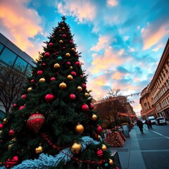  Festive christmas tree adorned with lights and ornaments in urban setting christmas tree holiday winter festive celebration   