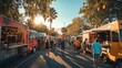 © Helois - Sunny outdoor food truck festival with people enjoying diverse cuisines.