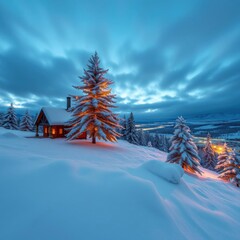 Wall Mural - panoramic snowy christmas scene with lit tree and cabin christmas tree holiday winter festive celebr