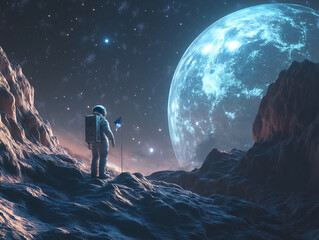Wall Mural - lone astronaut exploring a lunar surface under the stars