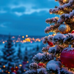 Wall Mural - christmas tree - ornaments and snow in blue background with shiny lights christmas tree holiday wint