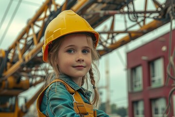 Portrait of a smiling child wearing a safety helmet and builder overalls standing in front of a crane at a construction site