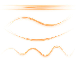 Leinwandbilder - Set of glowing curved lines in the shape of speed. Long exposure photography of light painting, curved lines of bright neon metallic yellow gold on transparent background PNG.