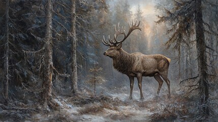 Wall Mural - majestic elk in snowy forest at dawn.