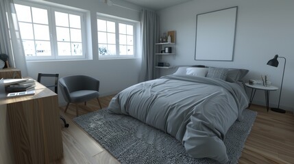 Wall Mural - Minimalist bedroom design  grey bed, desk, and sofa chair with natural light and soft lighting