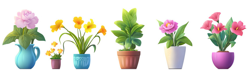 Wall Mural - flower pot and vase with plant cartoon vector. cute flowerpot with tropical tree and peony bouquet f