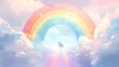 © Thiago - A pastel-colored rainbow bridge arches over soft clouds with a dog waiting lovingly at the end on rainbow bridge remembrance day. Illuminated Rainbow Arch. Illustration