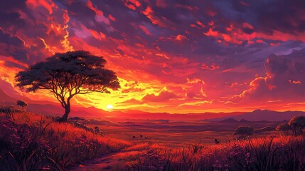 Wall Mural - vibrant sunset over african savanna, single tree silhouette, fiery sky.