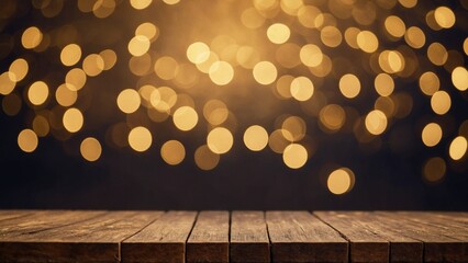 Wall Mural - Rustic brown wood board mockup surface with black and gold bokeh lights background
