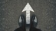 ©   - Forward Momentum: A pair of polished black shoes stands at the beginning of a path marked by a bold white upward arrow. This powerful image symbolizes progress, ambition.
