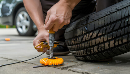 Wall Mural - Closeup hand man with screwdriver changing tire and maintaining a car shock absorbers at garage