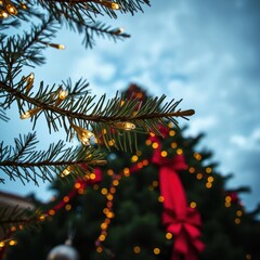 Wall Mural - christmas tree branches close up decorated with garland lights festive holiday background with artif