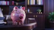 ©   - Smart Piggy Bank on Desk: A playful piggy bank with glasses sits on a desk in a home office setting, embodying the concept of financial savvy and responsible saving.