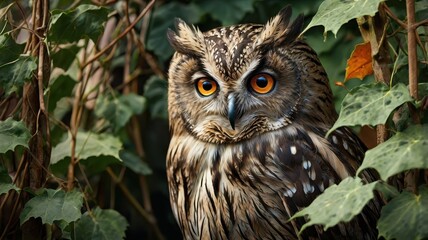 Brown owl with yellow eyes is standing in a green bush