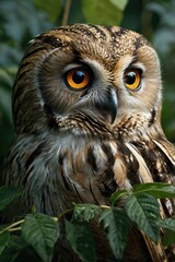 Brown owl with yellow eyes is sitting in a bush