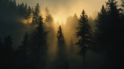 Canvas Print - Misty sunrise illuminating silhouettes of tall pine trees in a forest.