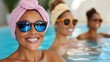 © Pinklife - Three women, donning sunglasses, enjoy a relaxed time in the pool, a vibrant energy emanating from their presence, marked by joy and companionship.