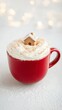 © Make Stories Studio - Festive red mug topped with whipped cream and a miniature gingerbread house, surrounded by soft snow and warm bokeh lights - 9/16 phone wallpaper background - photos for social media faceless