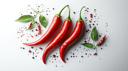 Wall Mural - Three red chili peppers with peppercorns and leaves on white background.