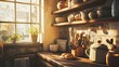 © Ishaq - Sun drenched kitchen wooden shelves pots pans