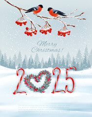 Poster - Holiday Christmas background and Happy New Year with red bullfinches on branch of a christmas tree and 2025 numbers. Vector