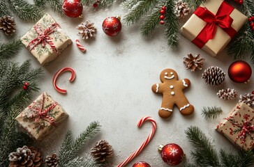 Sticker - Decorative holiday setup featuring gingerbread cookies and wrapped gifts on a white surface