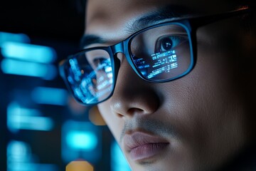 A person intently focuses on a computer screen, with lines of code reflecting on their glasses, showcasing the dedication and precision in technology work.