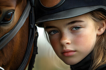 Wall Mural - generative ai illustration, equestrian sports lesson training, young person man woman kid learning t