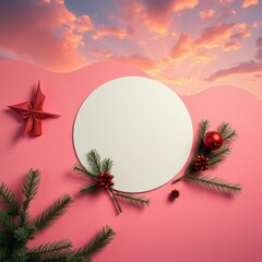 Wall Mural - flat lay christmas composition round paper blank pine tree branches christmas decorations on colored