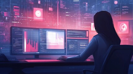 Woman programmer working late at night on multiple computer screens with data visualization.
