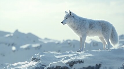 Wall Mural - majestic arctic wolf standing on snowy mountain peak.