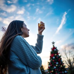  A young woman places a christmas ornament on a tree christmas tree holiday winter festive celebration   