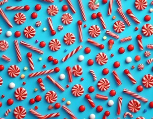 Wall Mural - creative minimal christmas art. pattern made with christmas candies on bright blue background. flat 