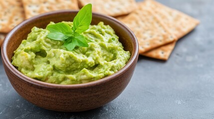 Wall Mural - Fresh guacamole served with whole grain crackers for a healthy, tasty snack to boost brain energy