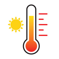 thermometer reaching high temperatures. temperature scale symbol, warm weather sign. red thermometer