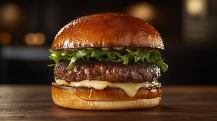 Poster - Juicy grilled beef burger with melted cheese, lettuce, and creamy sauce on a brioche bun.