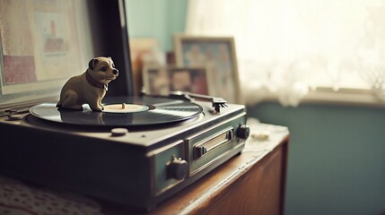 Canvas Print - Vintage record player with a dog figurine on a wooden dresser near a window.