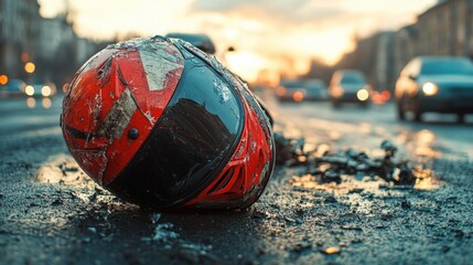 Damaged red motorcycle helmet lying on a wet city road after an accident, close-up of crash impact, safety reminder, urban environment, street perspective, evening traffic.