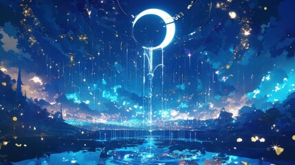 Wall Mural - a cascade of sparkling stars falling into a pool of moonlit water forming a fountain that glimmers i