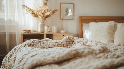 Canvas Print - Cozy bedroom with textured knit blanket, pillows, and natural decor.