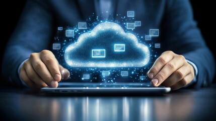 Businessman using tablet, cloud computing, email.