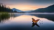 © Olga - A butterfly perched on a water's edge, surrounded by forest and distant mountains