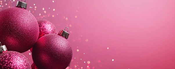 Glittering pink christmas ornaments filling frame on festive background