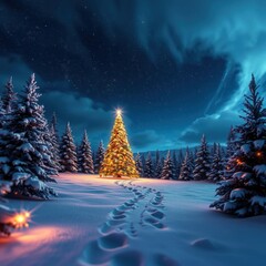 Wall Mural - fantastic winter landscape with christmas tree 3d rendering christmas background with christmas tree