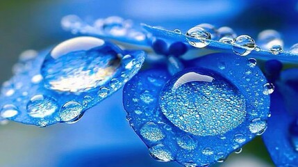 Poster - blue flower with water droplets on petals, green plant background